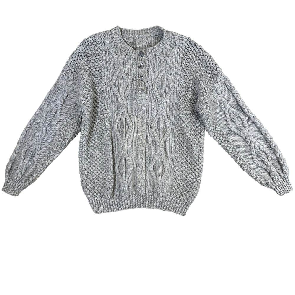 Handmade Gray Cable Knit Henley Sweater Chunky Popcorn Knit Pullover Mens Large